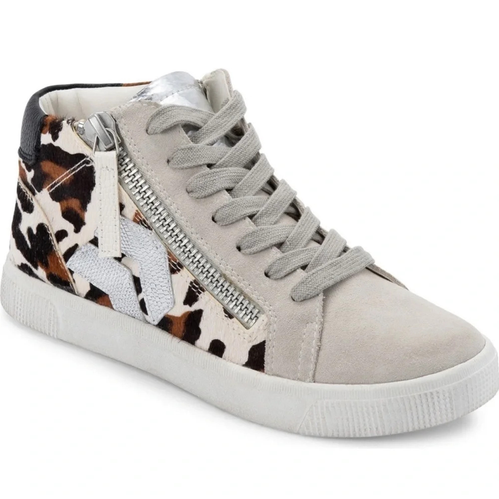 New Dolce Vita Zonya Dark Leopard Calf Hair sneakers metallic distressed zip